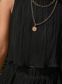 SHEIN SLAYR KIDS 2 件套少女纯色圆领无袖上衣和宽松纯色短裤套装 - 黑色 - 查看 4