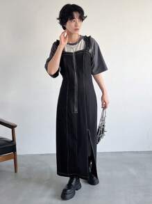 FRIFUL Damen Sommerkleid mit getrennter Front und Reißverschluss