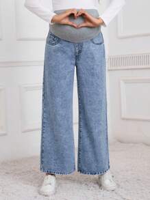 SHEIN 孕妇纽扣腰带休闲直筒宽松舒适时尚牛仔裤 - 中等水洗藍 - 查看 4