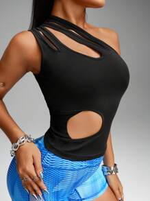 Innovista 运动网眼曲线剪裁和镂空运动 T 恤、基本款 T 恤、健身上衣、短款上衣、服装 T 恤上衣、性感短款背心、外出上衣、派对、健身和日常休闲、节日 - 黑色 - 查看 5