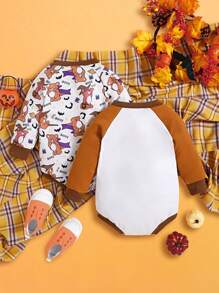 SHEIN Set de 2 bodys de manga larga con estampados de animales, calabazas y temas de Halloween, para niño bebé, apropiado para fiestas - Multicolor - Ver 2
