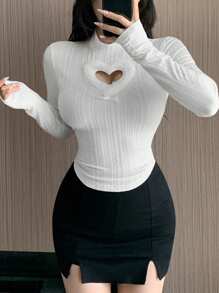 DAZY Women's Hollow Heart Decor Stand Collar Long Sleeve T-Shirt, Spring & Summer,Fall Clothes Turtleneck Women