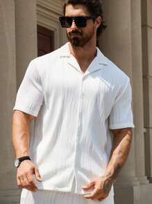 Manfinity Homme Men's Summer Solid Color Patch Collar Short Sleeve Shirt And Pocketed Shorts Casual Set - White - View 6