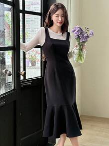 DAZY Vestido de sirena sin mangas de cuello cuadrado sólido para mujer, con volantes, ropa de otoño - Negro - Ver 3