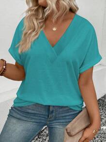 INAWLY Camiseta informal de verano con cuello en V y manga de puño, talla grande