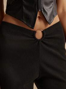 SHEIN Frenchy Y2k V-Neck Waist Hoop Design With Pit Article Fabrics, Knitted Long Flare Leggings Pants, Women Clothes, Casual Women Dresses, Fall Clothes, Women Dresses, Black Leggings - Black - View 2