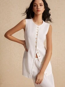 Poéselle Váy mùa hè cho nữ, Áo vải lanh trắng mùa hè cho nữ, Áo vest cài nút, Áo sơ mi không tay cổ tròn một hàng khuy đơn màu mùa hè cho nữ, Vải thoải mái và thoáng khí, Thích hợp mặc hàng ngày, dạo phố, đi làm, mặc ngày lễ - Màu be - Xem 2