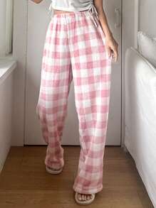 DAZY 珊瑚绒格子图案毛绒直筒舒适休闲裤，适合秋冬季居家穿着，蓬松柔软 - 粉色 - 查看 4