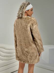VARSITIE Retro Style Light Brown Mid-Length Loose Fake Fur Women Sports Jackets