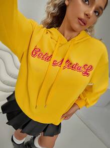 VARSITIE 休闲宽松字母印花连帽女式简约徽标印花黄色连帽衫 - 黃色 - 查看 4