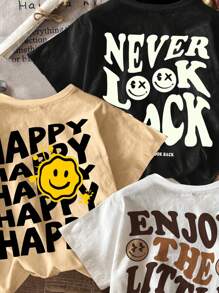 SHEIN Conjunto de 3 peças de camisetas Tween Boys casuais relaxadas e felizes sorrindo com gola redonda e manga curta, verão