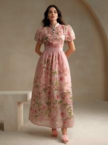 Anewsta 法式优雅花卉提花印花 V 领泡泡袖女式连衣裙，黄色长款女装