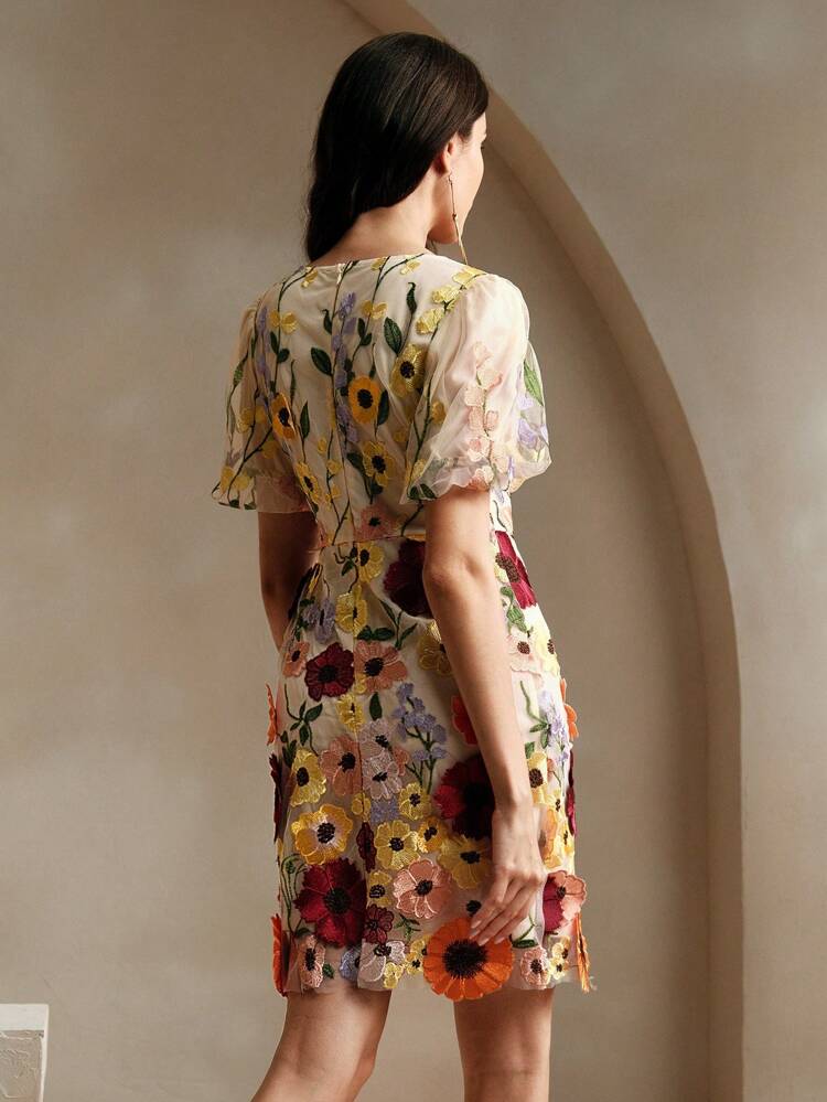 3D Floral Elegant Vacation Bubble Short Sleeve V-Neck Bodycon Mini Dress For Women