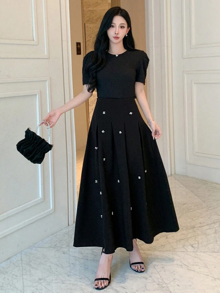 Women Rhinestone Decorated Pleated Casual Everyday Skirt ,New Year Eve