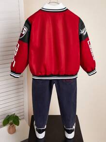 SHEIN 年轻男孩休闲舒适摩托车图案棒球领设计加厚长袖夹克适合通勤、上学、居家休闲、街拍、聚会、户外游玩