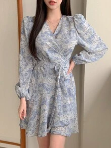 DAZY Women's V-Neck Long Sleeve All Over Floral Print Elegant Short Dress Sundress,Fall Dress