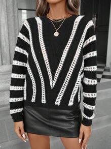 Aveloria Modichic Women's Autumn/Winter Colorblock Striped Hollow Round Neck Loose Knit Pullover Sweater Knit Pullover Fall Outfit