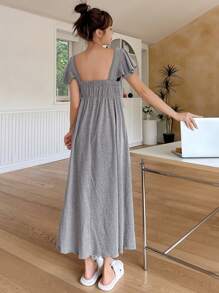 DAZY Ruffled Sleeve Lace Patchwork Waist Casual Dress - Grey - View 2