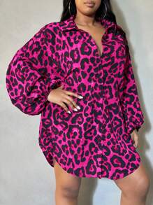 SHEIN SXY Plus Size Women's Leopard Print Lantern Sleeve Curved Hem Shirt, Suitable For All Seasons, Date Night, Birthday, Bachelorette Party, Casual, Shopping, Streetwear, Going Out, Vacation, Easy To Match&Looks Slim, Flatter The Figure