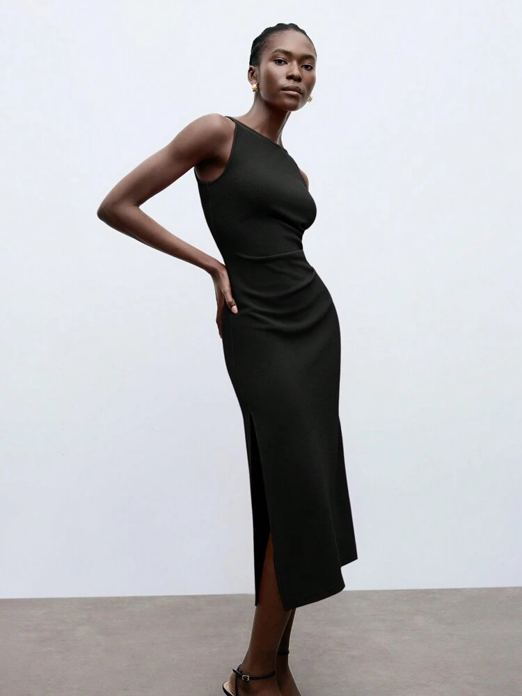 SHEIN Maija 2026 Spring & Summer Outfits Women Black Solid Color Black Side Split Hem Sleeveless Sheath Work Dress,Business Casual Daily Commute Elegant Beach Holiday Suitable For Wedding Guest, Country Music Festival, Brunch, Airport,Spring/Summer Dress Women,Valentine Dress,Vacation Outfits Women