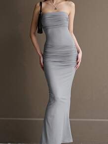 INAWLY Áo dài nữ mùa hè gợi cảm màu trơn thu thập ống ôm dài - Xám - Xem 1