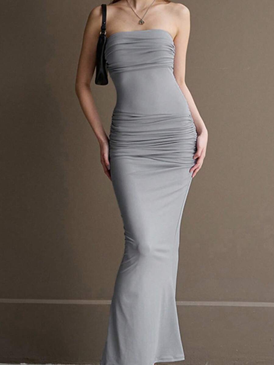 INAWLY Áo dài nữ mùa hè gợi cảm màu trơn thu thập ống ôm dài - Xám - Xem 1