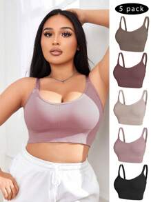 SHEIN 5 chiếc áo lót màu trơn không dây thoải mái dành cho nữ cỡ lớn - Nhiều màu - Xem 5