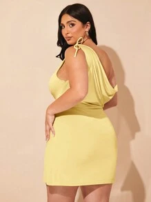SHEIN BAE Plus Size Nữ Màu Trơn Mùa Hè Đen Co Giãn Đan Tập Hợp Bất Đối Xứng Thiết Kế Thắt Nút Một Vai Đầm Ngắn - Màu vàng - Xem 2