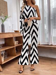Chiquease Color-Blocked One Shoulder Floral Printed Batwing Sleeve Top And Flared Pants Set Fall Cloth For Women