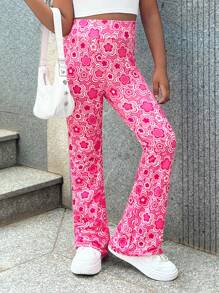 SHEIN Girls Allover Floral Print Flare Leg Trousers - Multicolor - View 1