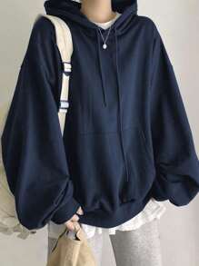 SHEIN LUNE 复古锤头鲨连帽运动衫，男士图案连帽衫，海洋生物服装，送给鲨鱼爱好者的礼物，自然上衣，女士春/秋休闲抽绳口袋长袖连帽宽松常规海军蓝落肩套头衫女式连帽衫 - 藏蓝色 - 查看 2