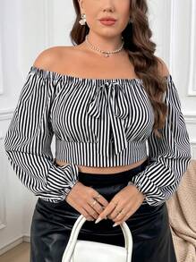 SHEIN Privé Bluză cu decolteu în V cu dungi pentru femei de mărime mare, neagră - ținută de birou versatilă - Multicolor - Vizualizare 5