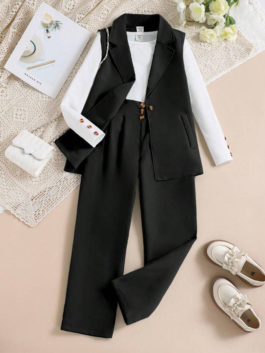 SHEIN 3-Piece Commuter Elegant Set For Teenage Girls: Black Sleeveless Blazer, White T-Shirt, Black Pants
