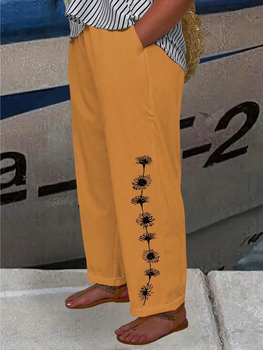 SHEIN LUNE Plus Size Women Floral Print Simple Casual Pants Fall Cloth For Women - Yellow - View 1