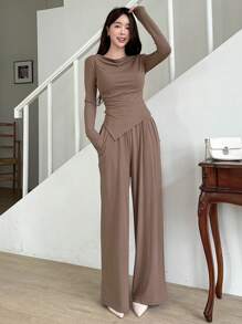 DAZY 女士纯色露肩长袖不对称上衣和阔腿裤两件套，秋季服装，返校季休闲套装