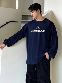 DAZY Áo thun nam dài tay cổ tròn in chữ trễ vai, mùa xuân/thu - Màu xanh hải quân - Xem 4