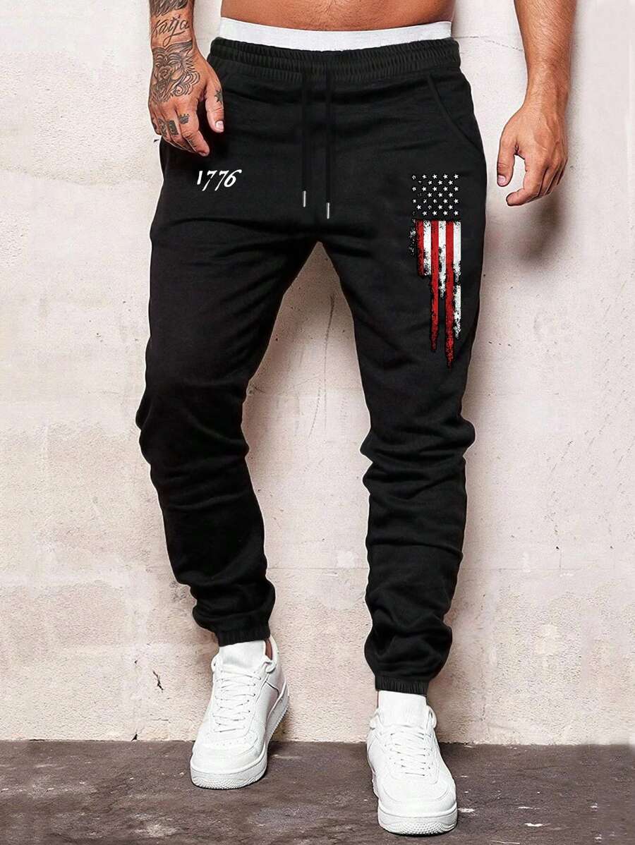 Manfinity Homme Locker sitzende Herren Jogginghose mit amerikanischer Flagge Muster, Grafik Lässig Jogginghose mit Kordelzug, für Ehemann, Freund Geschenke, für Rave, 4. Juli - Schwarz - Übersicht 1