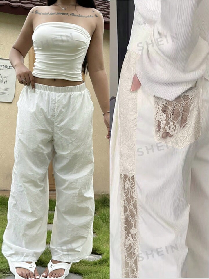 SHEIN EZwear Plus Size Lace Palazzo Pants Women s Loose Wide Leg Summer Thin Breathable High Waisted Casual Trousers New Sweet Spicy Hollow Out Slimming Pants SHEIN UK