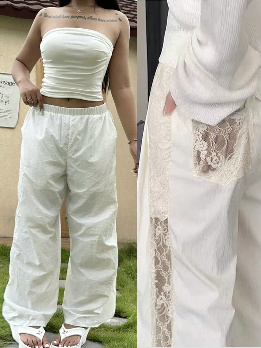 Flirla Plus Size Women Lace Wide Leg Pants,High Waist Elegant White Trousers For Vacation,Casual Loose Hollow Out Autumn Bachelorette Party Cloth - White - View 1