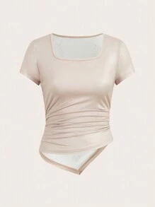 SHEIN EZwear Camiseta casual para mujer de verano con cuello redondo, manga corta y estampados - Caqui - Ver 1