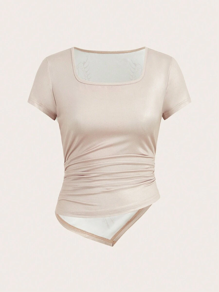 SHEIN EZwear Camiseta casual para mujer de verano con cuello redondo, manga corta y estampados - Caqui - Ver 1