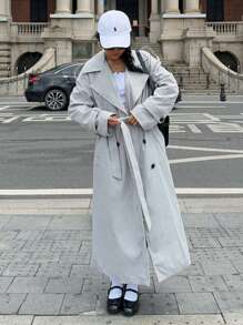 Muchica Women Simple Solid Gray Woven Belted Trench Coat - Grey - View 6