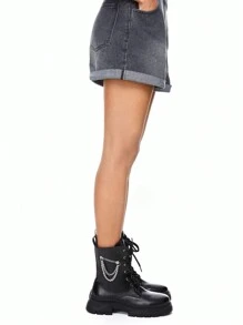 ROMWE Grunge Punk Giày bốt cổ ngắn đế dày phong cách Punk Rock Chic Street Chain Decor buộc dây màu đen cho nữ mùa thu - màu đen - Xem 2