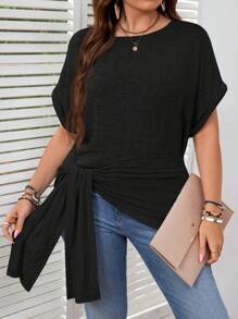 SHEIN LUNE Plus Size Round Neck Solid Color Asymmetric Hem Short Sleeve T-Shirt - Black - View 3