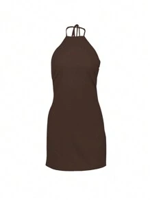 INAWLY Vestito corto estivo da donna con tela solida, collo alto, senza schienale e senza maniche