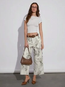 SHEIN EZwear Spring & Summer Fashion Leopard Print Loose Straight Leg Casual Pants - Apricot - View 3