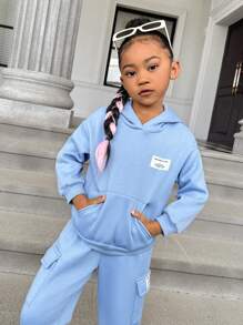 SHEIN 年輕女孩字母拼接袋鼠口袋下墜熱帽衫和汗褲 - 淺藍色 - 查看 3
