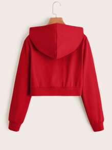 SHEIN EZwear Red Hooded Long Sleeve Zipper Sweatshirt With Pocket - Red - View 2