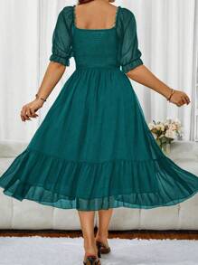 Flirla Plus Size Square Neck Short Sleeve Chiffon Dress - Teal Blue - View 2