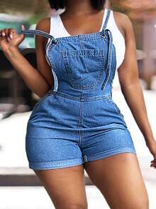 Roll Up Hem Denim Overall Romper Without Tank Top - Medium Wash - View 5